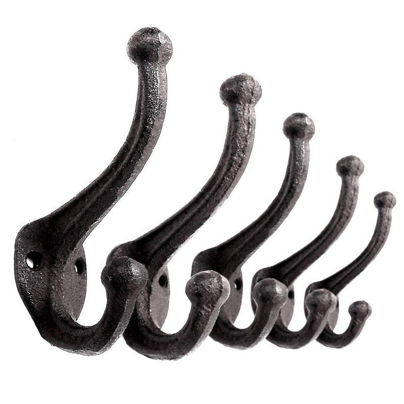 Ambipolar 5-Pack Rustic Wall Hooks - Heavy Duty Cast Iron Vintage Inspired Antique Black for Mudroom, Coat, Purse Rack, Hat - Decorative Hanging - Image 1